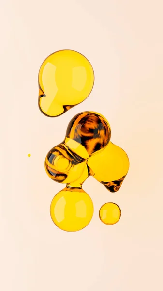 在孤立的浅黄背景上绘制油滴的三维图形 透明而真实的液体形状 美容业概念 — 图库照片