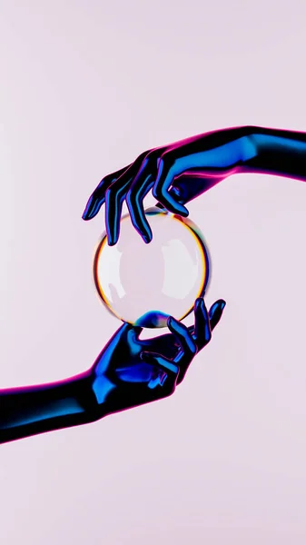 ガラス球を保持する3Dレンダリング手 人との交流 人間関係のイラスト 創造的な背景 ネオンメタルの質感 テキスト用スペース付きテンプレート — ストック写真