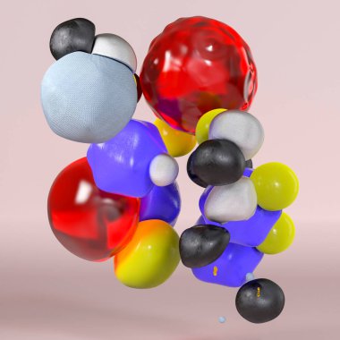 Yumuşak şekillerin 3 boyutlu çizimi. Sıvılar soyut sanat dekorasyonu. Kalın renkler, yumuşak pastel pembe arka plan. Hava fütüristik geometri. 