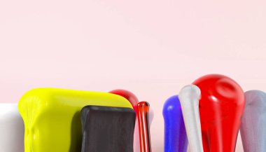 Yumuşak şekillerin 3 boyutlu çizimi. Sıvılar soyut sanat dekorasyonu. Kalın renkler, yumuşak pastel pembe arka plan. Hava fütüristik geometri. 
