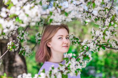 Bahar aylarında mor tişörtlü bir kadın. Elma bahçesinde beyaz çiçekli yumuşak bir fotoğraf..