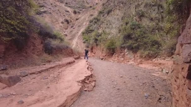 Homem Caminha Através Cânion Konorchek Quirguistão Ásia Central Famosa Área — Vídeo de Stock