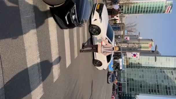 Beveiligingsagent Leidt Het Verkeer Straat Verkeersleider Seoul Korea — Stockvideo