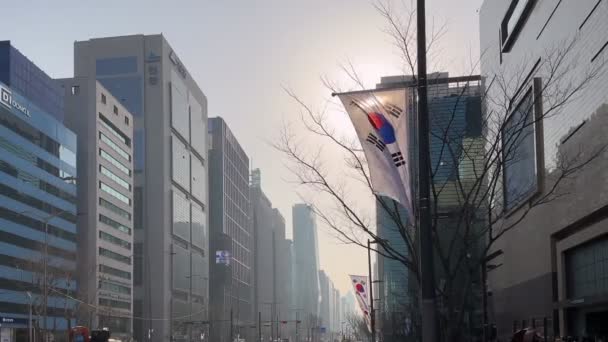 Bandeira Sul Coreana Acenando Rua Durante Dia Com Arranha Céus — Vídeo de Stock