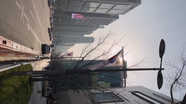 Bandeira Sul Coreana Acenando Rua Durante Dia Com Arranha Céus — Vídeo de Stock
