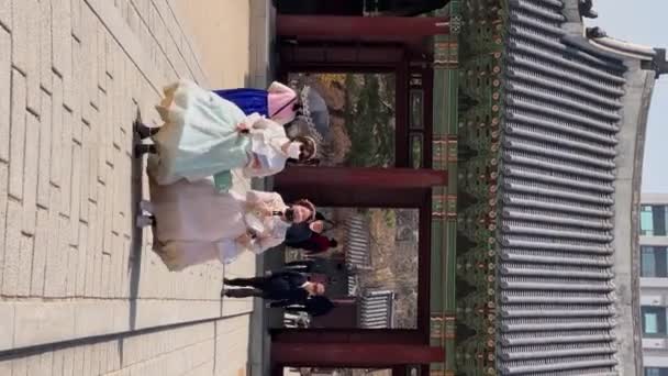 Азійські Жінки Носять Традиційні Сукні Ханбок Палаці Чангьонгун Сеул Південна — стокове відео