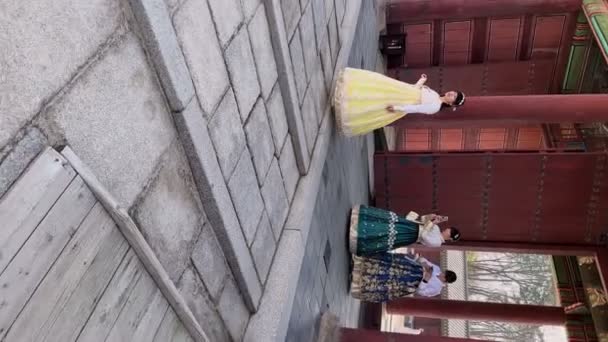 Mujeres Asiáticas Que Usan Vestidos Tradicionales Hanbok Palacio Changgyeonggung Seúl — Vídeos de Stock