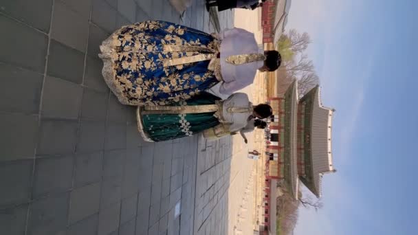 Mujeres Asiáticas Que Usan Vestidos Tradicionales Hanbok Palacio Changgyeonggung Seúl — Vídeo de stock