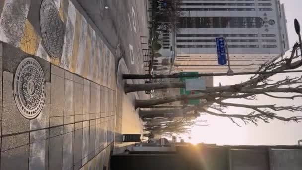 Napnyugtakor Utcán Nappal Felhőkarcolók Háttérben Lövés Lassított Felvétel Függőleges Lövés — Stock videók