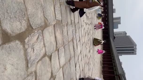 Mujeres Vestidas Con Vestidos Tradicionales Hanbok Gyeongbokgung Palace Seúl Corea — Vídeos de Stock