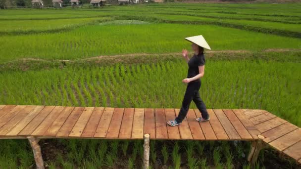Vrouw Staat Houten Brug Het Groene Rijstveld Laos Vlag Paal — Stockvideo