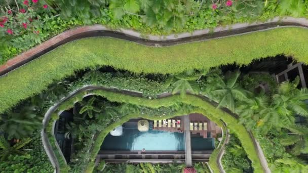Вид Воздуха Знаменитый Отель Сингапуре Здание Имеет Джунгли Зеленый Фасад — стоковое видео