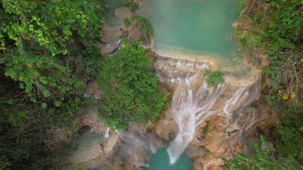Воздушный Дрон Сфотографировал Удивительные Водопады Куангси Лаосе Водопады Любимое Путешествие — стоковое видео