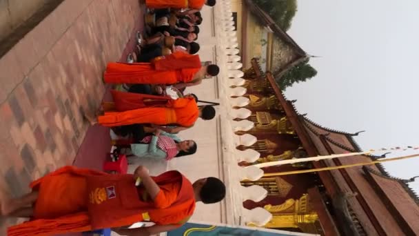 Монахи Чашей Милостыни Традиционной Церемонии Жертвования Местные Жители Туристы Кладут — стоковое видео