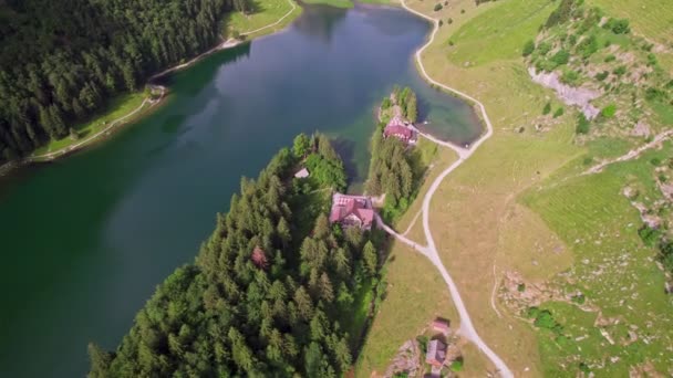 Aerial View Mountainous Landscape Seealpsee Switzerland Drone Footage Rocky Schafler — Stock video