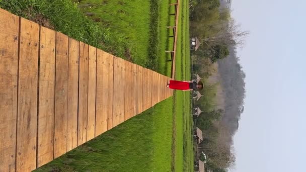 Seorang Perempuan Berdiri Jembatan Kayu Atas Sawah Hijau Dia Mengenakan — Stok Video