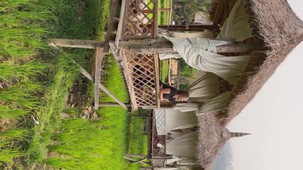 Female Stands Wooden Hut Green Rice Field Terrace Farmers Hut — Stock Video