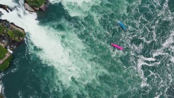 Pink Boat Cruise Rhine Falls Waterfalls Aerial Beautiful Shot Natural — Stock Video