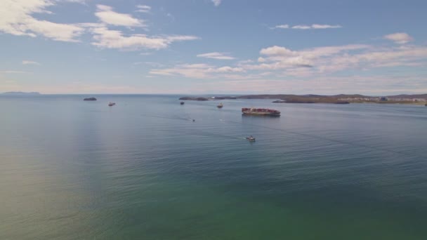 Vista Drone Ponte Russa Sobre Estreito Bósforo Oriental Vladivostok Navios — Vídeo de Stock