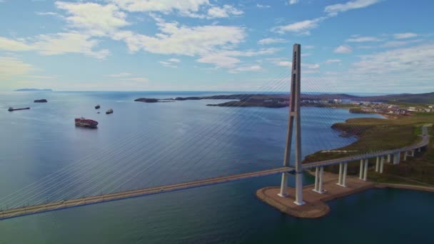 Pohled Ruský Most Přes Úžinu Východního Bosporu Vladivostoku Nákladní Lodě — Stock video
