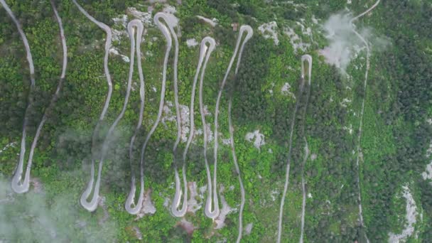 この素晴らしいドローンビデオを通してモンテネグロのラブセン道路 ラブセン国立公園を通ってエレガントに風を吹く蛇の道を目撃してください 山の景観の中でスリリングなジグザッグ — ストック動画