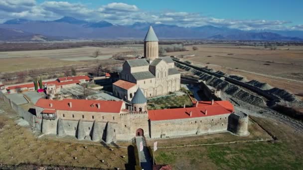 Widok Lotu Ptaka Klasztor Alaverdi Pola Uprawne Region Kachetii Gruzja — Wideo stockowe
