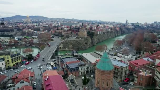 Fortaleza Narikala Cidade Velha Tbilisi Cityscape Geórgia Drone Aéreo Disparado — Vídeo de Stock