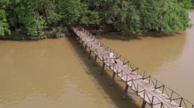 Siyah köpeği olan çekici genç bir kadın köprüden geçiyor. Chumphon, Tayland 'daki Nong Yai Pond ve Tahta Köprüsü' nün 4K yavaş çekim videosu..