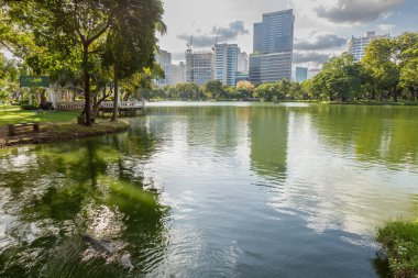 Bangkok 'taki Lumpini Parkı' nda güzel bir gölet. Parlak, güneşli bir günde sakin sularda çevreleyen binaların ve ağaçların berrak yansımaları.