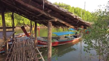 Ahşap rıhtım, uzun kuyruklu tekneler, yemyeşil mangrov çevresine yerleşmiş, geleneksel Tayland nehir kenarı yaşamının özünü yakalıyor..