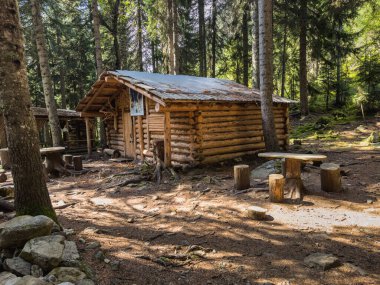 Etrafı uzun ağaçlarla çevrili bir orman açıklığında yuva yapmış kırsal bir ahşap kulübe. Doğal ahşap mobilyalar, masalar ve ağaç kütüklerinden yapılmış tabureler de dahil olmak üzere, sakin orman atmosferine eklenir.