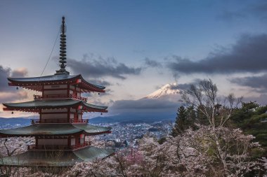 Japonya 'daki Chureito Pagoda' dan Fuji Dağı 'nın çarpıcı manzarası. Çiçek açan kiraz çiçekleri ikonik yanardağ çerçevesinde nefes kesici bir bahar manzarası yaratıyor. Sakin şehir manzarası buna derinlik katıyor.