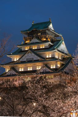 Osaka Kalesi gece aydınlandı, kiraz çiçekleri çiçek açtı. Görkemli şato dimdik ayakta, ışıkları narin pembe yaprakları yansıtıyor. Japon kültürünün nefes kesici bir sahnesi.