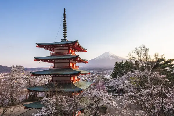Arka planda Fuji Dağı olan Chureito Pagoda 'nın büyüleyici manzarası. Etrafı kiraz çiçekleriyle çevrili. Japonya 'da nefes kesici bir bahar manzarası.