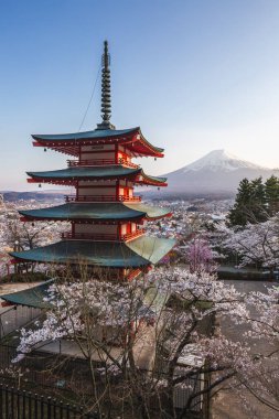 Chureito Pagoda, Fujiyoshida, Japonya 'da beş katlı muhteşem bir pagoda, arka planda Fuji Dağı ile kiraz mevsiminde çiçek açar. Nefes kesici bir manzara..