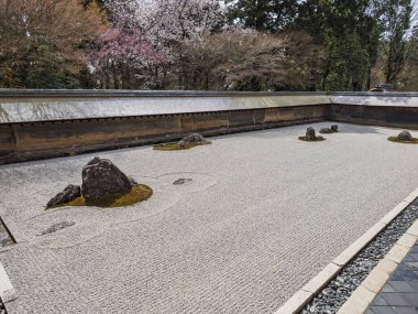 Serene Japon rock bahçesi, Ryoan-ji Tapınağı, Kyoto. Beyaz çakıllar, dikkatlice yerleştirilmiş kayalar ve yosunlar minimalist bir Zen manzarası yaratır. Sakin ve meditasyonlu..