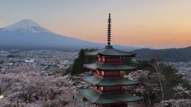 Japonya 'da üç katlı bir pagoda' dan Fuji Dağı 'nın sakin gündoğumu manzarası. Önünde kiraz çiçekleri var. Görkemli yanardağ kısmen sisle kaplanmış, güzel bir manzara yaratıyor..