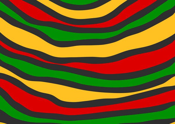 Abstract background with colorful wavy and curly lines pattern and with Jamaican color theme