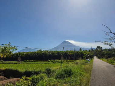 Merapi Dağı ve Merbabu Dağı 'nın fotoğrafı Yogyakarta şehrinin sokaklarından pirinç tarlaları ve bahçeler ve mavi gökyüzü arasında.