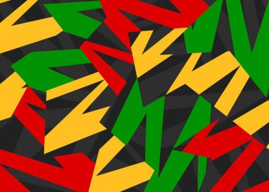 Üst üste binen renkli geometrik çizgi deseni ve Rastafari renk teması ile soyut arkaplan