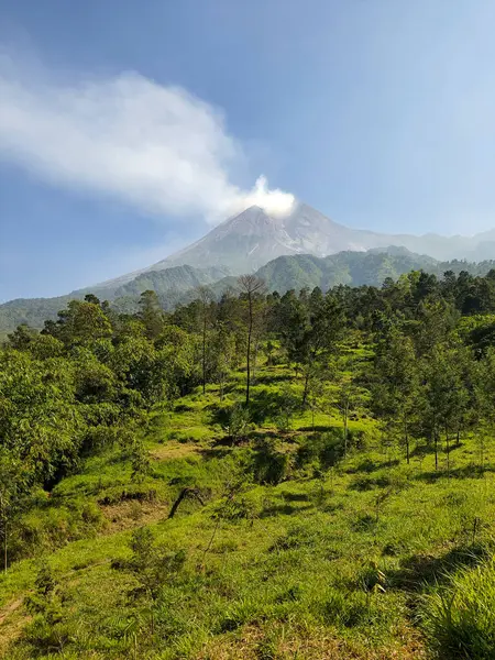 stock image Photo of Mount Merapi during the day emitting smoke. Indonesian mountain landscape