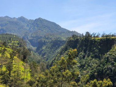 Yogyakarta 'daki Merapi Dağı' nın yamaçlarının fotoğrafı. Mavi gökyüzünün altında.