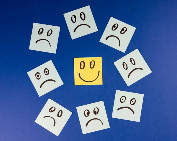 Sticky Notes Hand Drawn Smiley Face Sad Faces Blue Background — Stock Photo, Image