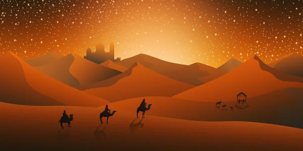 三智者的圣诞降生场景在马槽里与伯利恒城市的婴儿耶稣相会在距离图中 — 图库照片