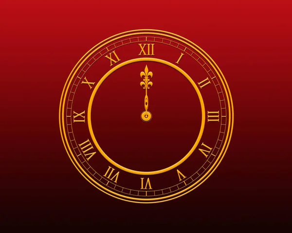 Goldene Uhr Schlägt Zwölf Auf Weihnachtlichem Rotem Hintergrund — Stockfoto