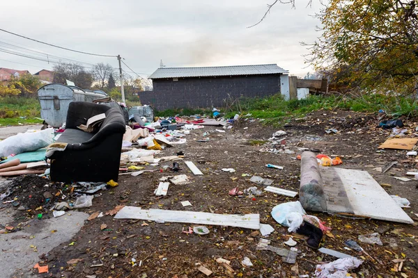 stock image Belgrade, Serbia - November 17, 2022: Garbage pile beside dumpster scattered all over the street in Belgrade, Serbia