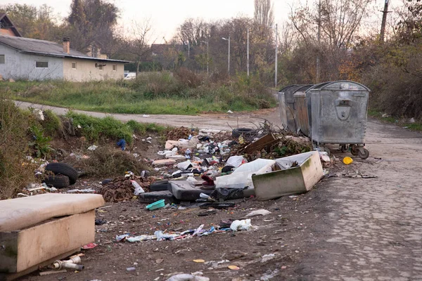 stock image Belgrade, Serbia - November 17, 2022: Garbage pile beside dumpster scattered all over the street in Belgrade, Serbia