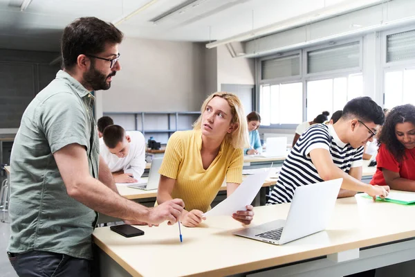 Young Male Teacher Helping Female Student Class Tutor Helping His — Stock Photo, Image