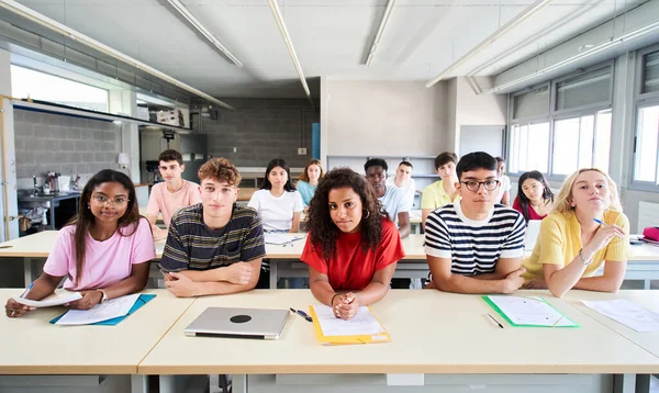 Confident Group University College Sitting Classroom Looking Camera Serious Face — Stock Photo, Image