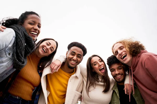Happy Friends Diverse Cultures Races Taking Selfie Looking Camera Outdoors — Stock Photo, Image